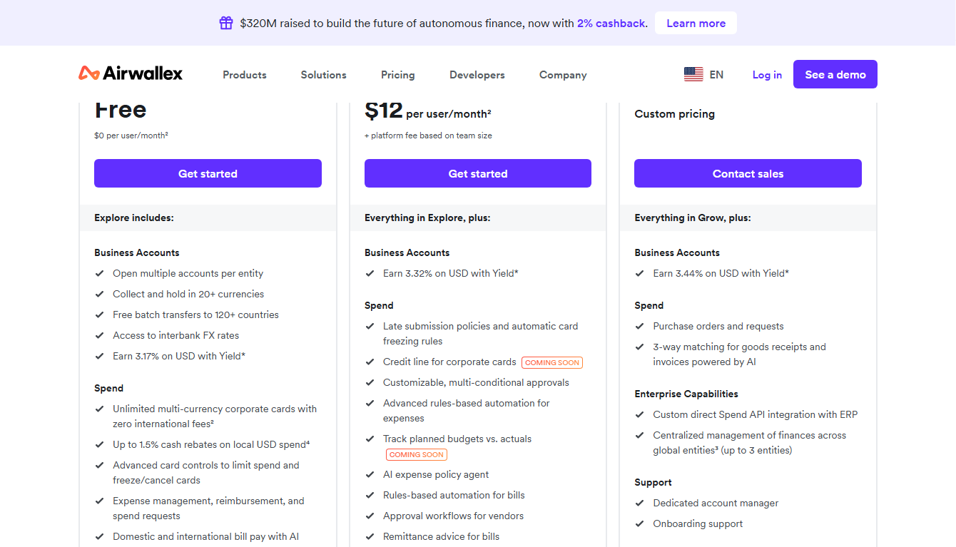 Airwallex pricing tiers — Explore, Grow, Accelerate