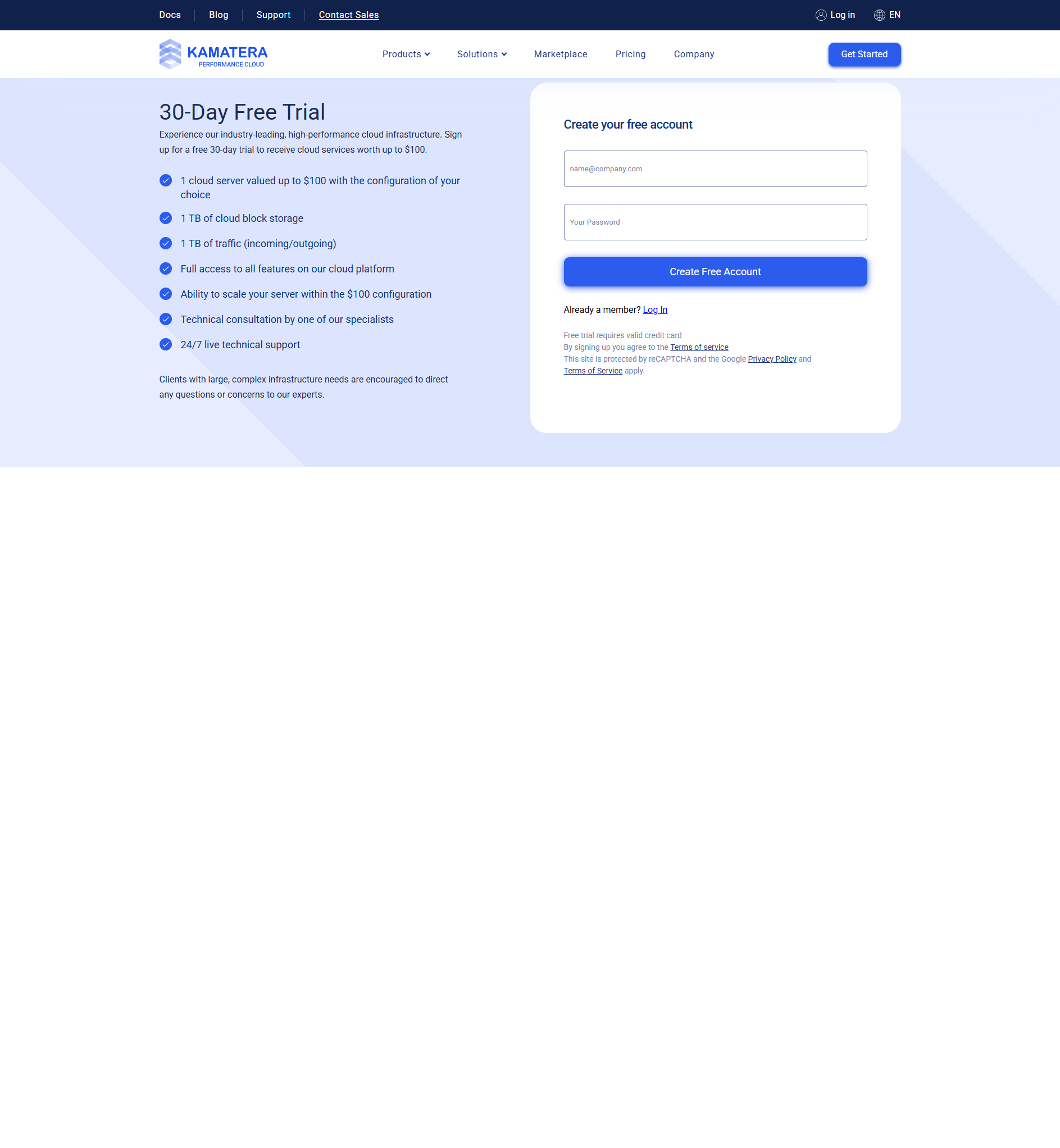 Kamatera signup page showing free trial offer with $100 credit