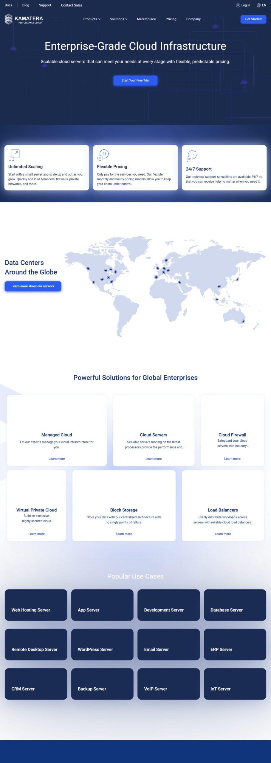 Kamatera cloud hosting homepage showing enterprise cloud infrastructure starting at $4/month