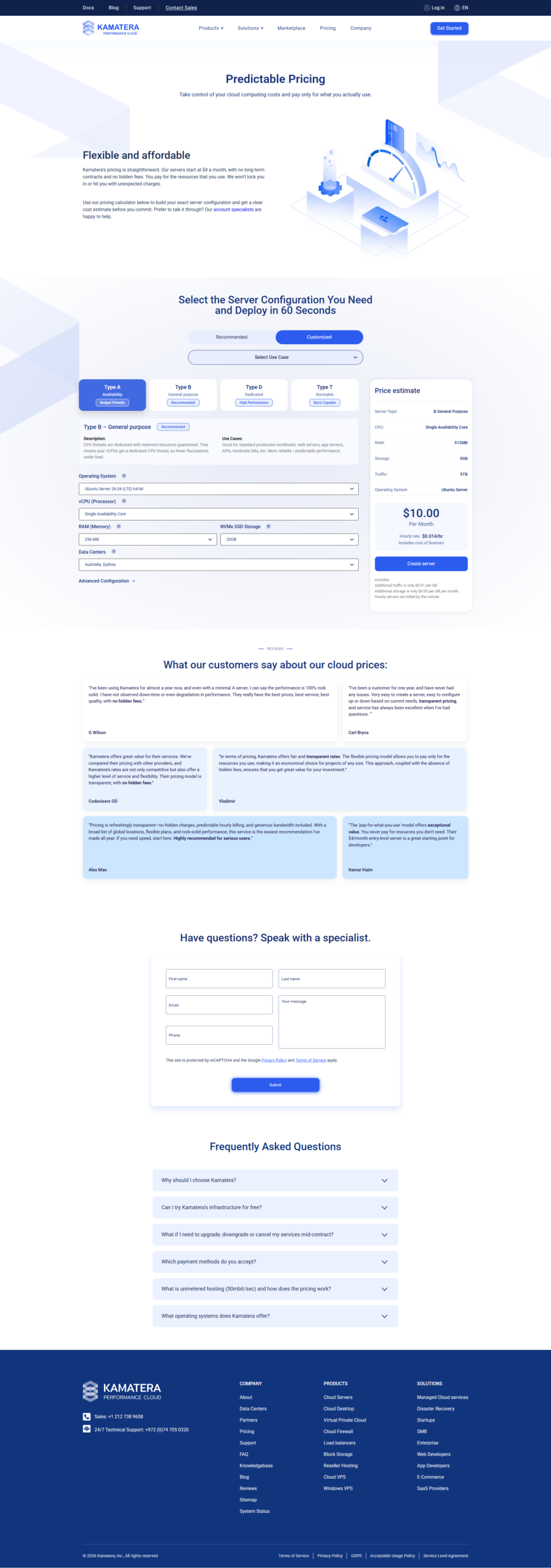 Kamatera pricing calculator showing flexible cloud server configurations starting at $4 per month