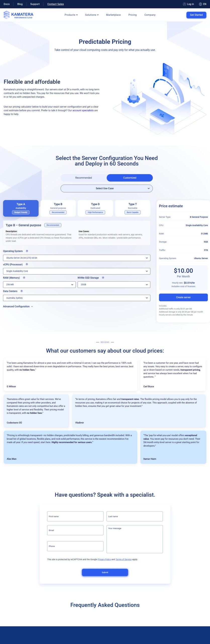 Kamatera pricing calculator showing flexible cloud server configurations starting at $4/month