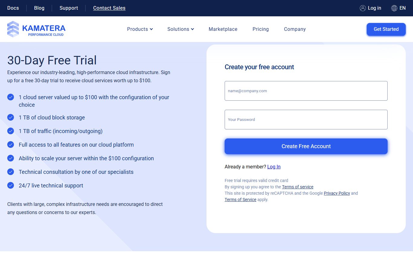 Kamatera 30-day free trial signup page offering $100 in free cloud credits