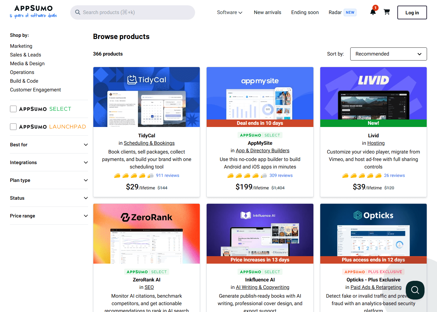 AppSumo browse page with categories and deal cards