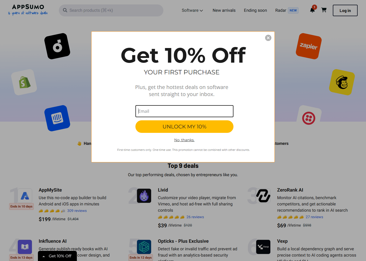 AppSumo 10 percent off first purchase popup